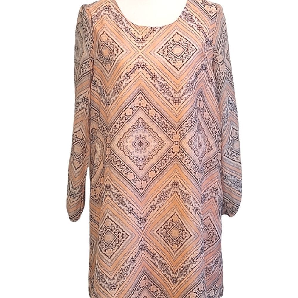 Charlotte Russe Peach/Brown/Blue Long Sleeve Semi Sheer Lined Dress L